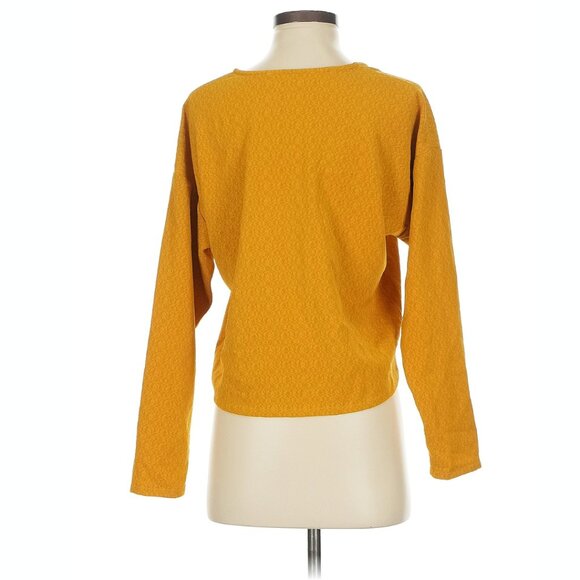 ASTR Women's Top Blouse Crop Tie Hem Mustard Yellow Texture Long Sleeve Size XS - Picture 2 of 6